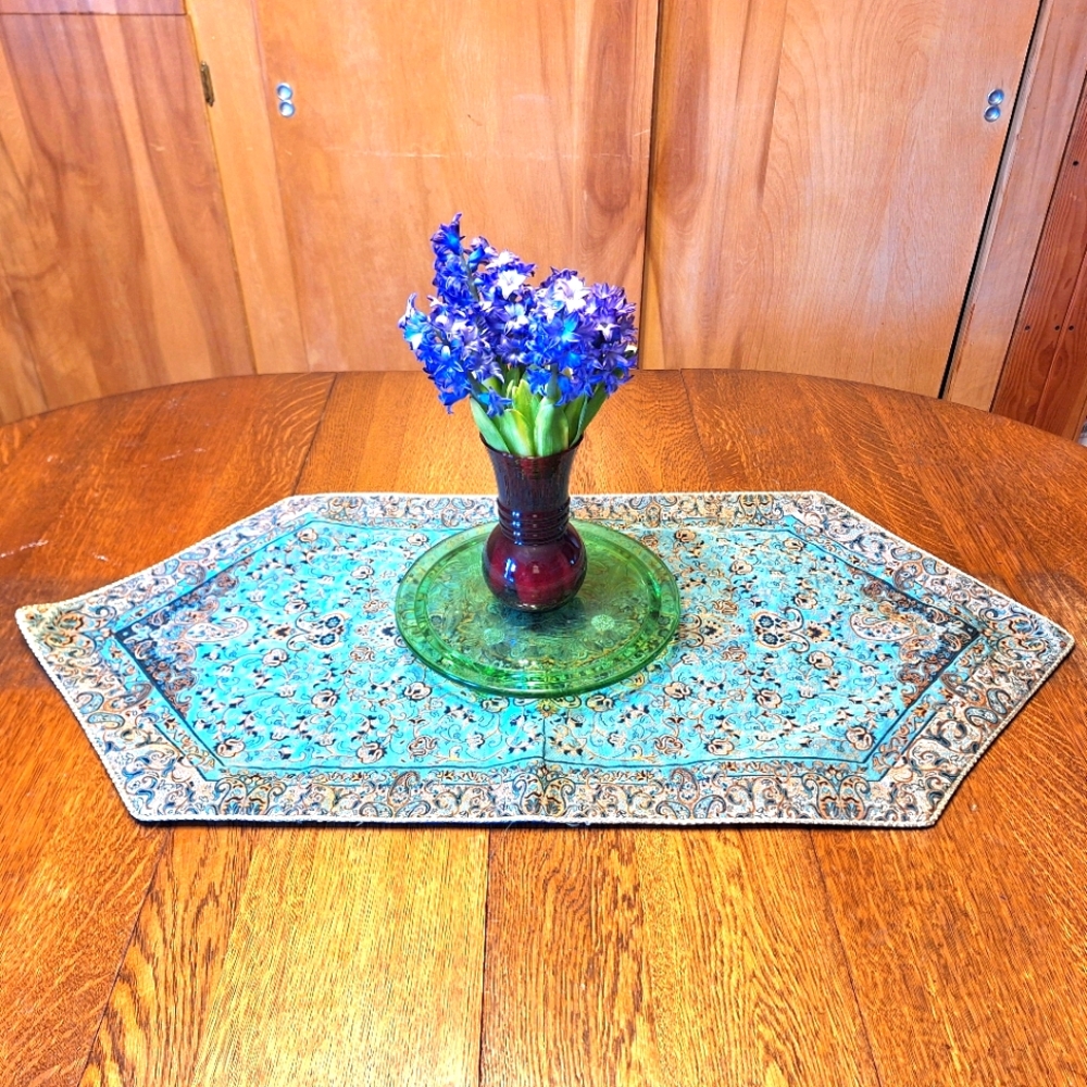 Satin Brocade Tiffany Blue, Table Runner with Golden Thread